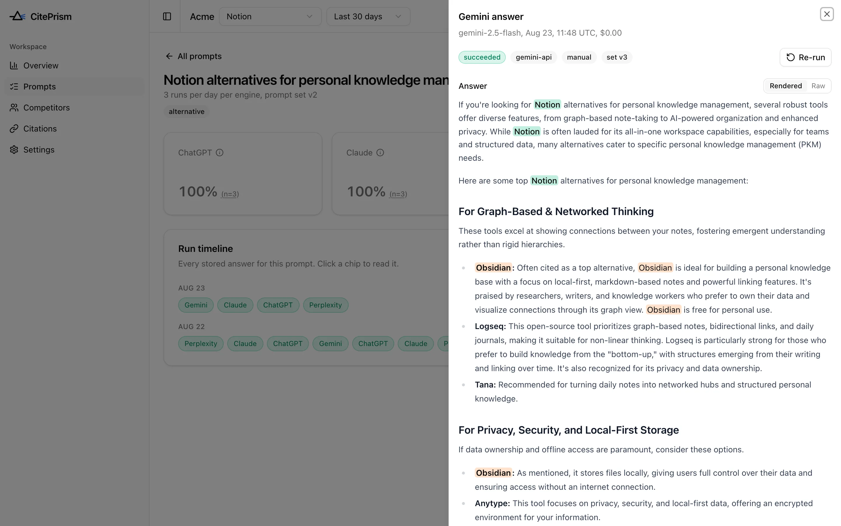 A stored Gemini answer rendered as Markdown with the brand mentions highlighted, plus the citations and the cost of the call